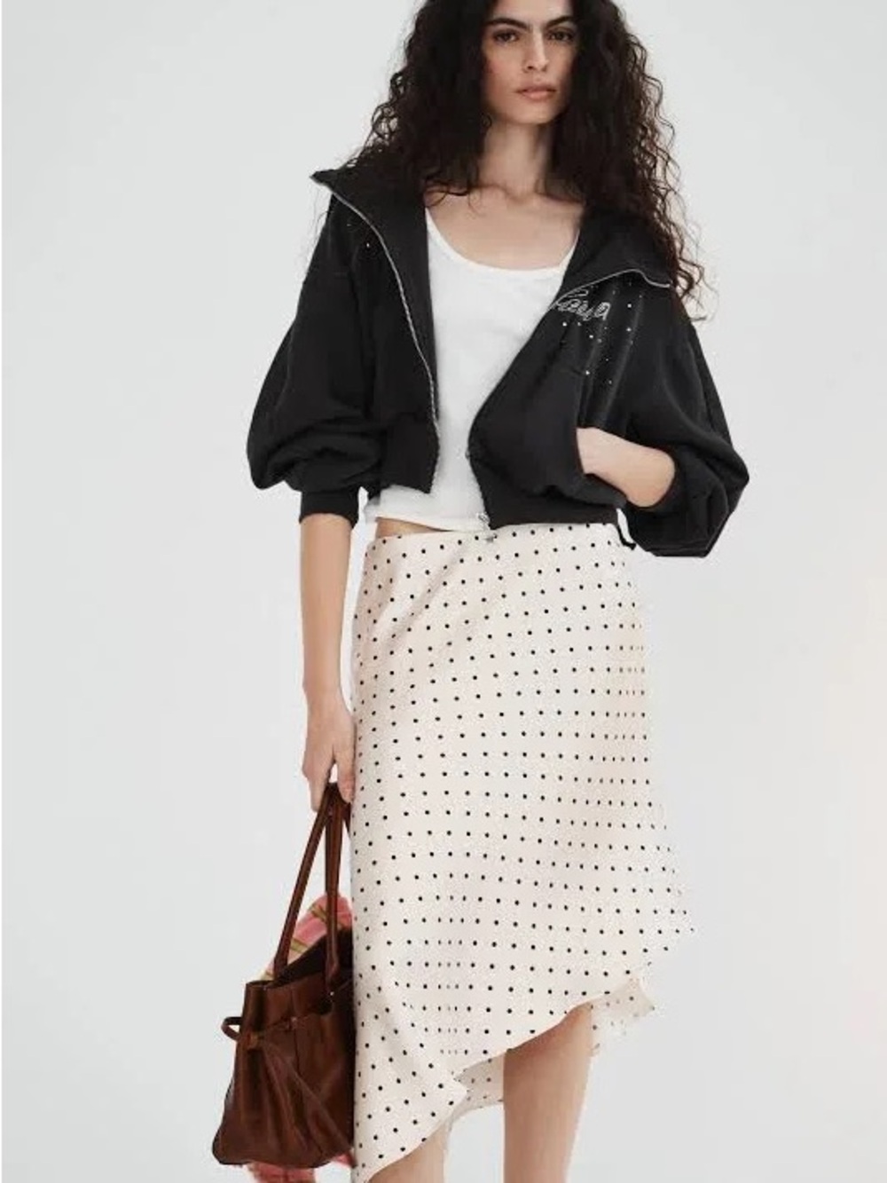 Zara Cream Polka Dot Asymmetrical Midi Skirt